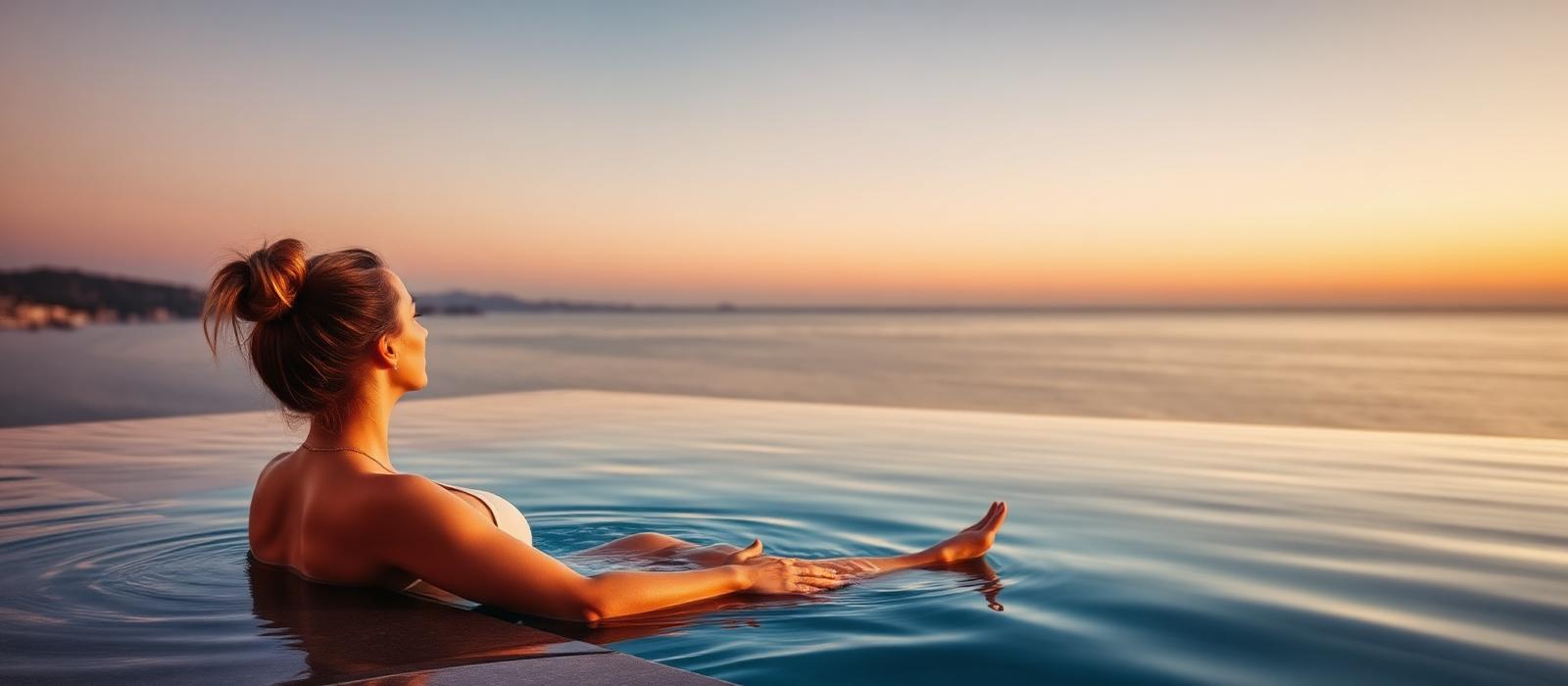 Woman relaxing in infinity pool at sunset